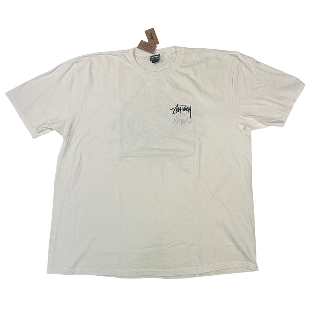 Stussy Look Beyond Sun Graphic T-Shirt Mens XXL Off White Cream Short Sleeve NEW